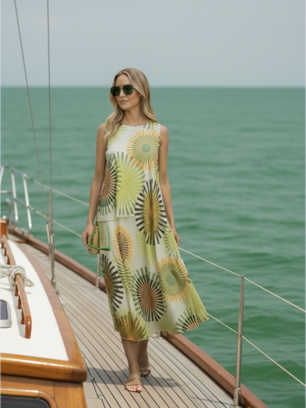 Komarov Sleeveless Green Sunburst Midi Set Skirt M and Top S